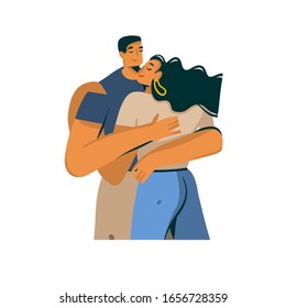 Hand drawn vector stock abstract graphic Love illustration with young romantic kissing walking couple together isolated on white background