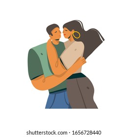 Hand drawn vector stock abstract graphic Love illustration with young romantic kissing walking couple together isolated on white background