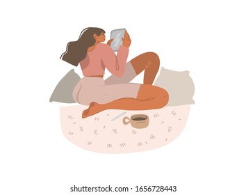 Hand drawn vector stock abstract graphic illustrations collection set with young girl sitting at home with pillows uses ipad and apple pencil and drink coffee isolated on white background