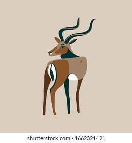 Hand drawn vector stock abstract graphic illustration with African wild black-tailed gazelle with long horns head looks back cartoon animal design isolated on white background