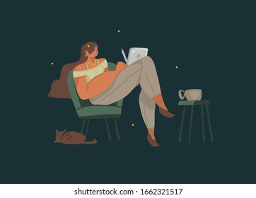 Hand drawn vector stock abstract graphic illustrations with young girl sits in a chair and holds a tablet computer in her hands and drinks coffee with a cat isolated on black background