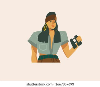 Hand drawn vector stock abstract graphic illustration with a girl looking through binoculars on a wild safari isolated on white background