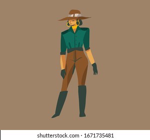 Hand drawn vector stock abstract graphic illustration with a girl in hat on a wild safari isolated on background
