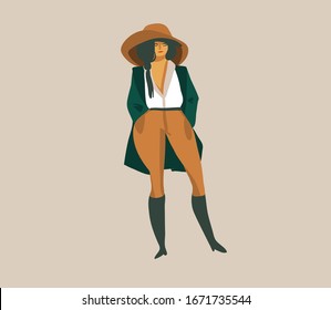 Hand drawn vector stock abstract graphic illustration with a girl in hat and uniform on a wild safari isolated on white background