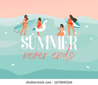 Hand drawn vector stock abstract graphic illustration with a swimming girls qroup in ocean waves landscape and Summer never ends typography isolated on blue background