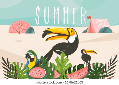 Hand drawn vector stock abstract graphic illustration with a tropical birds and leaves,camp tent in ocean beach landscape and Summer typography isolated on blue background