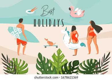 Hand drawn vector stock abstract graphic illustration with a tropical leaves,surfing people group in ocean beach landscape and Best Holidays typography isolated on blue background