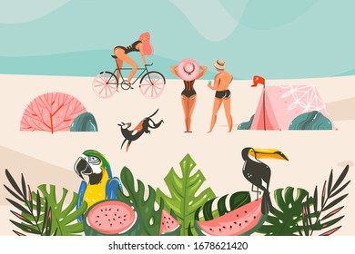 Hand drawn vector stock abstract graphic illustration with a tropical birds and leaves,people group and camp tent in ocean beach landscape isolated on blue background