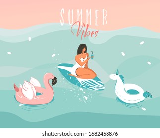 Hand drawn vector stock abstract graphic illustration with a girl in a swimsuit swimming with a unicorn and flamingo rubber ring isolated on ocean wave background