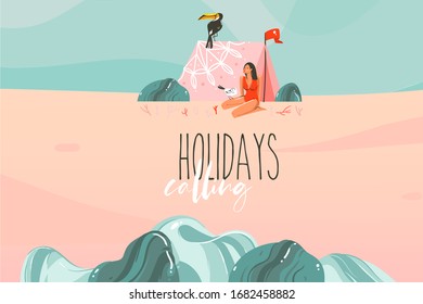 Abstrakte, handgezeichnete Vektorillustration-Stockillustration mit Sonnenbademädchen, Zeltlager in Strandlandschaft und Feiertagen, die Typografie-Texte einzeln auf Farbhintergrund anrufen