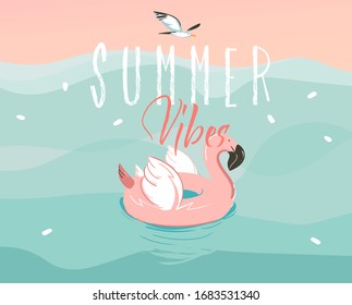 Hand drawn vector stock abstract graphic illustration with a swimming pink flamingo rubber ring in ocean waves landscape and Summer vibes typography text isolated on blue background