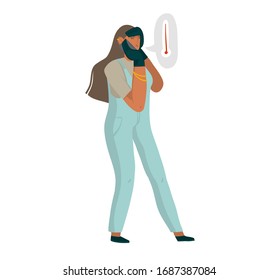 Ilustraciones gráficas abstractas del material vectorial extraído a mano con el carácter de niña joven descubrieron los síntomas del virus de la corona y la fiebre alta y llama a un médico familiar aislado de fondo blanco