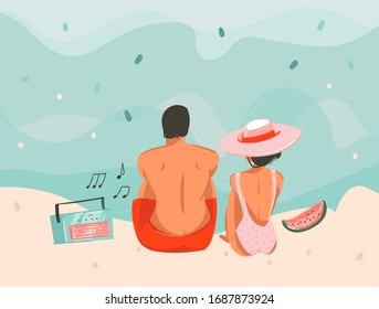 Hand drawn vector stock abstract graphic picnic illustration with a sunbathing sitting couple music boombox in ocean beach landscape isolated on colour background