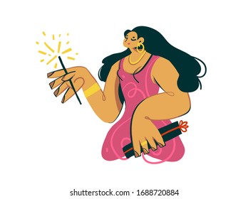 Hand drawn vector stock abstract cartoon modern graphic celebrating girl in dress and sparklers illustration art isolated on white background