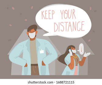 Hand drawn vector stock abstract graphic illustration with doctors who talk on the phone and give recommendations kepp your distance isolated on color background