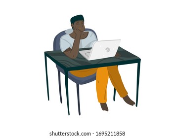 Dibujo gráfico abstracto de material vectorial a mano ilustración de caricatura con personaje de hombre negro independiente trabajando en casa con ordenador portátil y sentado en el escritorio aislado sobre fondo blanco