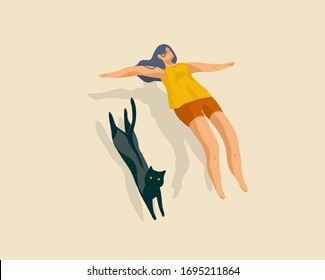 Hand drawn vector stock abstract graphic cartoon illustration with self isolation alone girl and black cat relaxing levitate isolated on color background