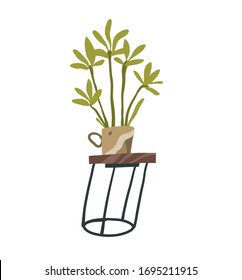 Dibujo gráfico abstracto de material vectorial de mano con elementos interiores, con mesa de madera orgánica y gran planta verde en olla artística aislada en fondo blanco