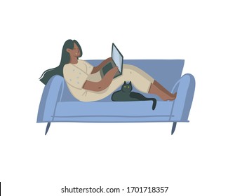 Hand drawn vector stock abstract graphic cartoon illustration with black woman character,freelancer working at home with laptop computer and sitting at the sofa isolated on white background