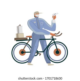 Abstrakte, handgezeichnete Vektorillustration-Illustrationen, die einen Mann mit einem Öko-Paket darstellen, der in der Internetversorgung arbeitet, gut geschützt in einer Gesichtsmaske, die auf dem Rad reitet, einzeln auf weißem Hintergrund