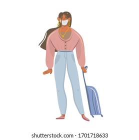 Hand drawn vector stock abstract graphic illustrations with young female character in face mask with traveling baggage isolated on white background