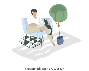 Hand drawn vector stock abstract graphic cartoon illustration with black man character,freelancer working at home with laptop computer and sitting in armchair with cat isolated on white background