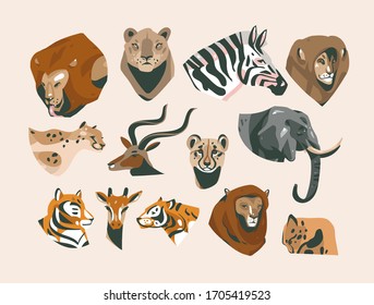 Hand drawn vector stock abstract cartoon illustrations of safari african animals heads collection bundle set,lions,lioness,tigers,cheetah,elephant,zebra,giraffe and others isolated on background