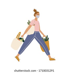 Hand drawn vector stock abstract graphic illustrations with young female character in face mask with shopping bags on white background. Stay home concept.