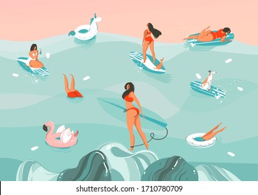Hand drawn vector stock abstract graphic illustration with a funny sunbathing family people group in ocean waves landscape,swimming and surfing isolated on colour background