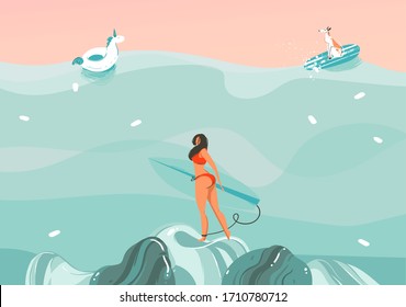 Hand drawn vector stock abstract graphic illustration with a funny sunbathing surfer girl with dog in ocean waves landscape,swimming and surfing isolated on colour background