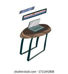 Hand drawn vector stock abstract graphic cartoon illustration with isometric boho wooden table and laptop computer isolated on white background