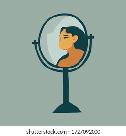 Hand drawn vector stock abstract graphic cartoon illustration with abstract simple drawing modern beautiful girl looks in the mirror isolated on color background