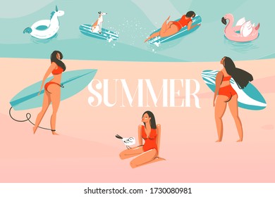Hand drawn vector stock abstract graphic illustration with a sunbathing people group, surfing on ocean, beach landscape and Summer typography text isolated on colour background