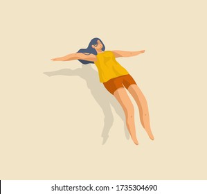 Hand drawn vector stock abstract graphic cartoon illustration with self isolation alone girl relaxing levitate sleeping isolated on color background