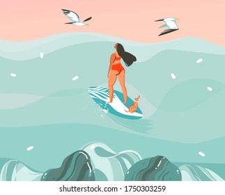 Hand drawn vector stock abstract graphic illustration with a surfer girl surfing with a dog and seagulls isolated on ocean wave landscape background