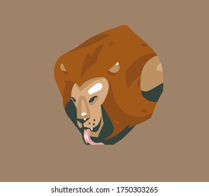 Hand drawn vector stock abstract graphic illustration with African wild lion head cartoon animal design isolated on background