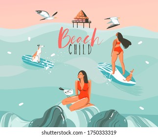 Hand drawn vector stock abstract graphic illustration with a surfer women surfing with a dog and seagulls isolated on ocean wave landscape background