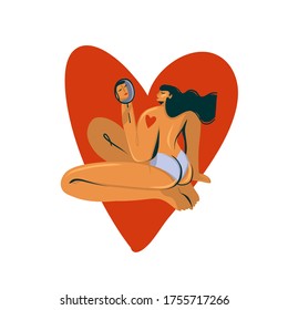 Hand drawn vector stock abstract graphic illustration with young naked girl looking herself in the mirror and big heart isolated on white background