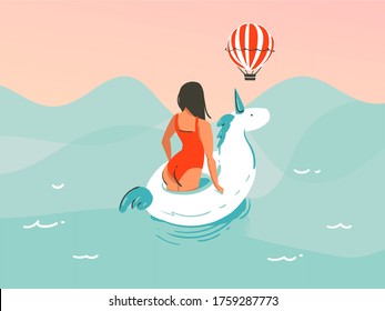Abstrakte handgezeichnete Vektorgrafik mit Mädchen in einem Badeanzug, der mit einem einornigen Gummiring einzeln auf Meereswellenhintergrund schwimmt