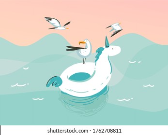 Dibujo gráfico abstracto de material vectorial de mano con un unicornio flotando de caucho en el paisaje de las olas del océano aislado en fondo azul