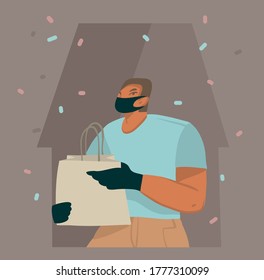 Hand drawn vector stock abstract graphic illustrations a man with an eco package working in the Internet delivery to your home, well protected in a face mask and gloves isolated on color background