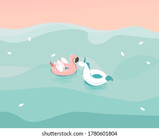 Dibujo gráfico abstracto de material vectorial de mano con unicornio y flamingo flotando anillos de caucho en el paisaje de olas oceánicas aislado en fondo azul