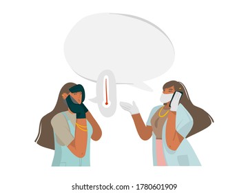 Hand drawn vector stock abstract graphic illustration with female doctor gives recommendations by phone, well protected in a face mask and gloves in hospital isolated on white background