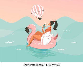 Hand drawn vector stock abstract graphic illustration with a girl in a swimsuit swimming with a pink flamingo rubber ring isolated on ocean wave background