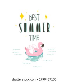 Hand drawn vector stock abstract graphic illustration with a flamingo swimming rubber float ring and Best summer time quote in ocean waves landscape isolated on white background