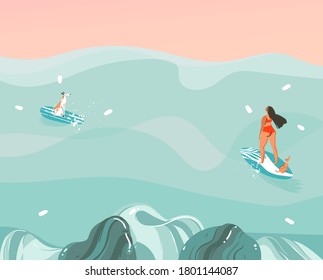 Hand drawn vector stock abstract graphic illustration with a funny sunbathing family people group in ocean waves landscape,swimming and surfing isolated on colour background