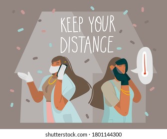 Hand drawn vector stock abstract graphic illustrations with girl character discovered symptom of the corona virus,and calls a doctor at home and handwritten text isolated on color background