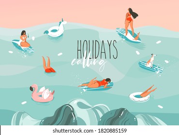 Hand drawn vector stock abstract graphic illustration with a funny sunbathing family people group in ocean waves landscape,swimming and surfing isolated on colour background