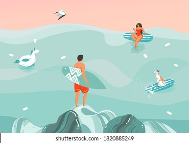 Hand drawn vector stock abstract graphic illustration with a funny sunbathing family people group in ocean waves landscape,swimming and surfing isolated on colour background