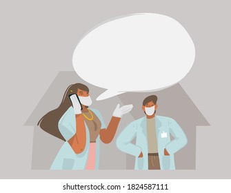 Dibujo manual de la ilustración gráfica abstracta del material vectorial con médicos que hablan por teléfono y dan recomendaciones que mantienen tu distancia aislada en el fondo del color